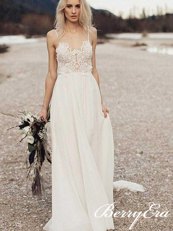 Spaghetti Long A-line Lace Chiffon Beach Wedding Dresses