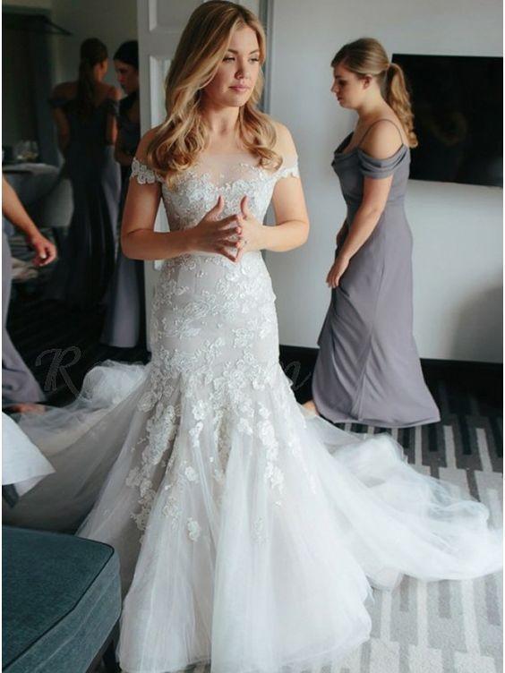 Off Shoulder Lace Mermaid Long Train Wedding Dresses, Bridal Gown