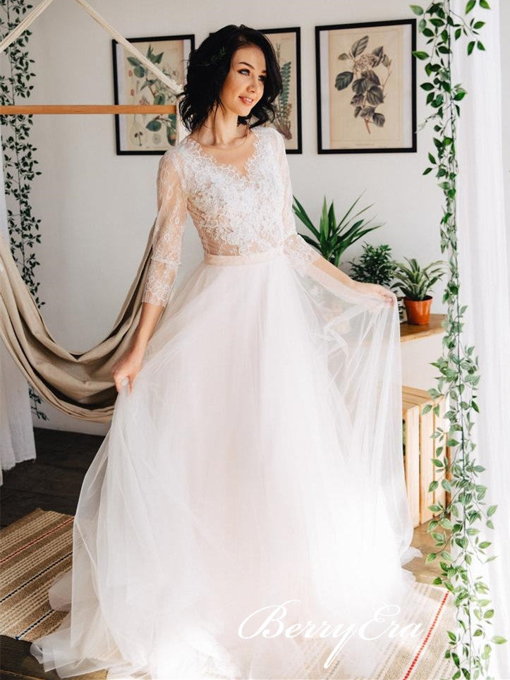 V-neck Lace Top A-line Tulle Wedding Dresses, Country Wedding Dresses, Long Bridal Gown