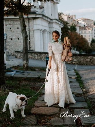 Half Sleeves A-line Lace Wedding Dresses, Open Back Wedding Dresses