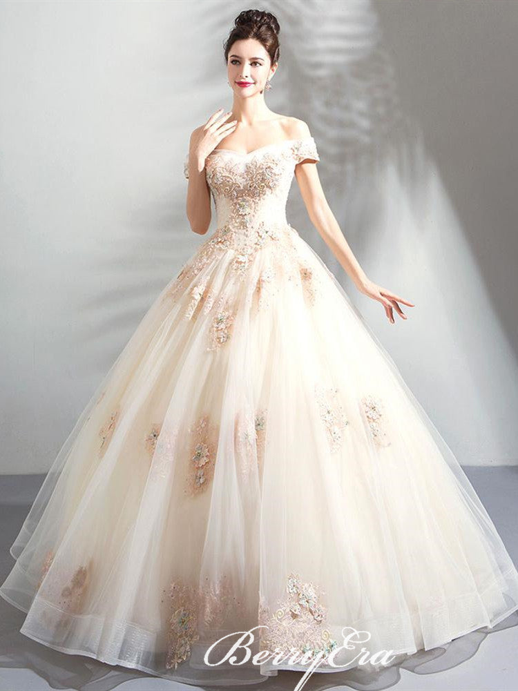 Off Shoulder Long A-line Lace Tulle Champagne Wedding Dresses