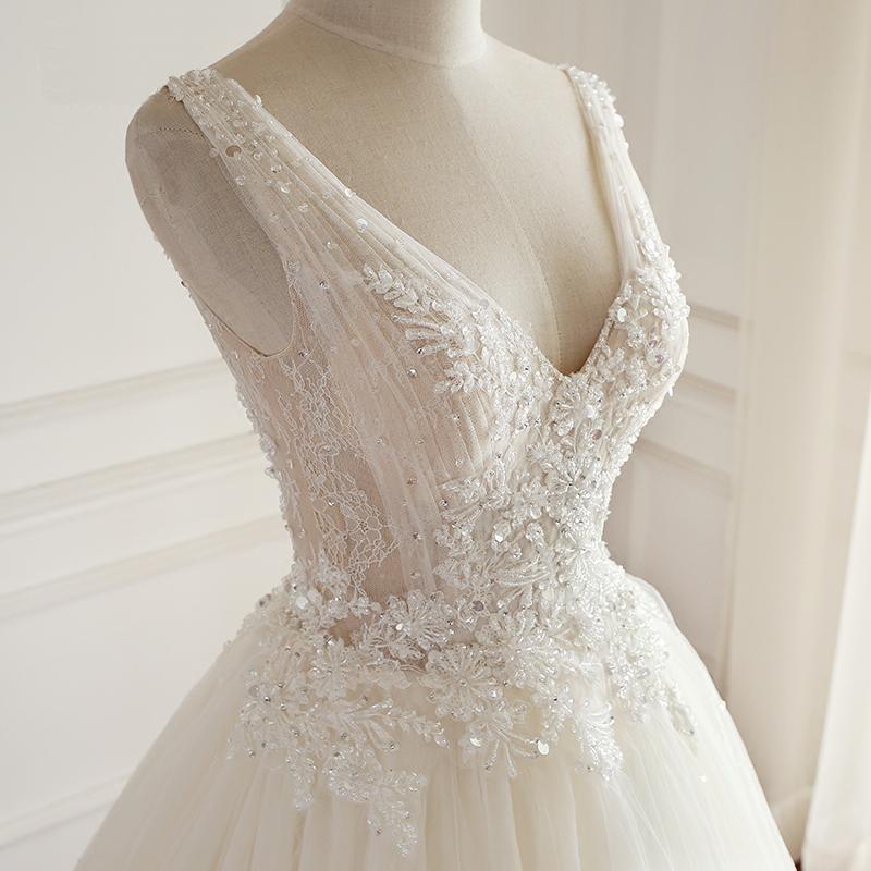 V-neck Lace Beaded Long A-line Tulle Wedding Dresses