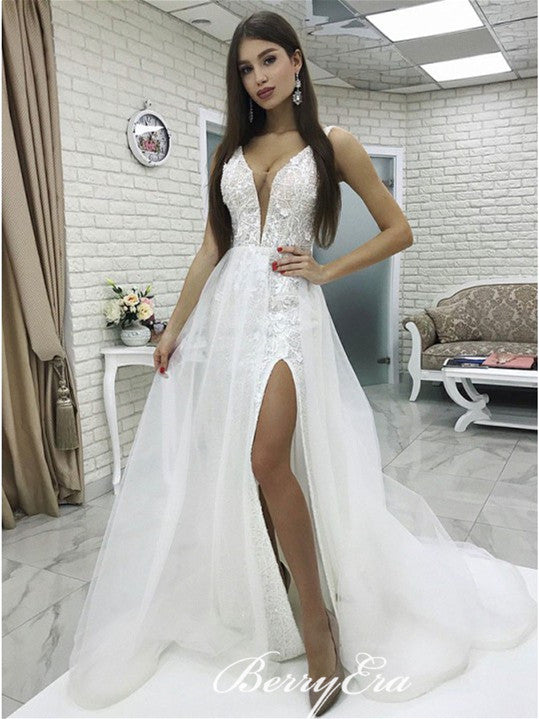 V-neck Lace Tulle Side Slit Long Wedding Dresses, Simple Bridal Gown