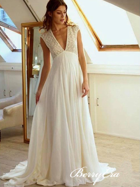 V-neck Lace Top A-line Chiffon Skirt Wedding Dresses