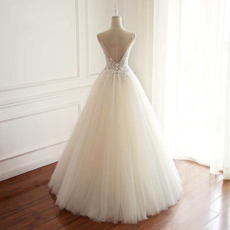 V-neck Lace Beaded Long A-line Tulle Wedding Dresses