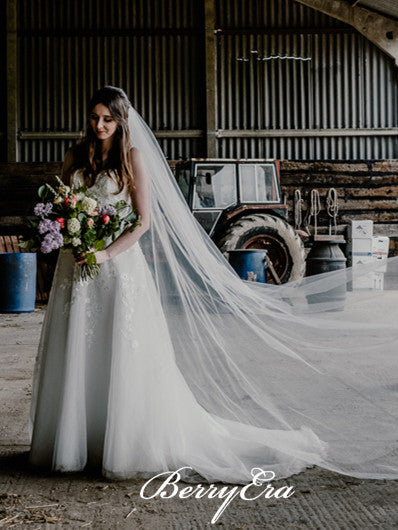 V-neck Lace Tulle A-line Wedding Dresses, Long Bridal Gown