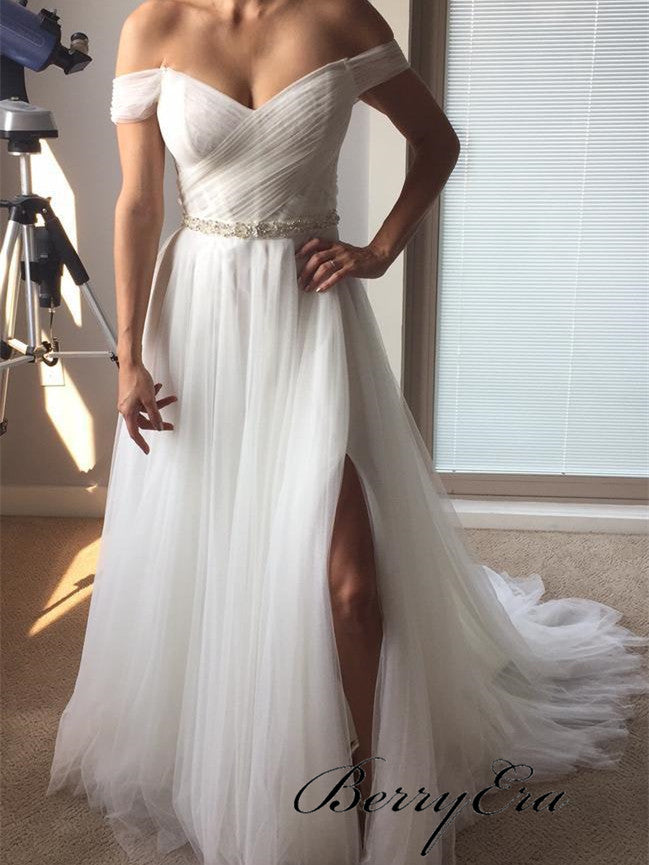 Off Shoulder Side Slit A-line Tulle Wedding Dresses