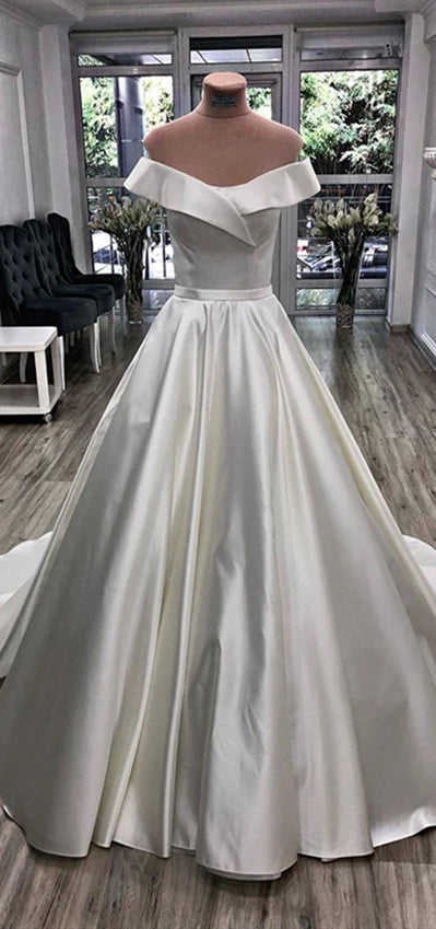 Off Shuolder Long A-line Ivory Satin Wedding Dresses, Long Bridal Gown, Elegant Wedding Dresses