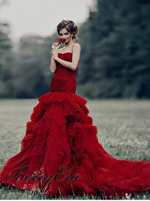 Sweetheart Long Mermaid Tulle Wedding Dresses, Red Wedding Dresses