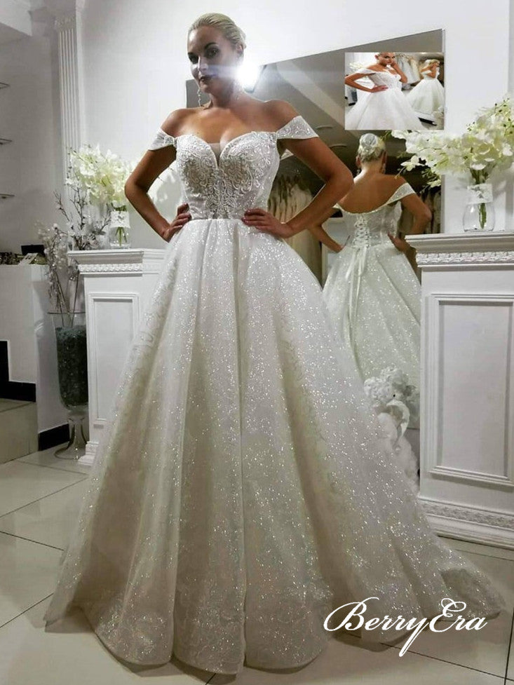 Off Shoulder Long A-line Lace Seuqin Wedding Dresses