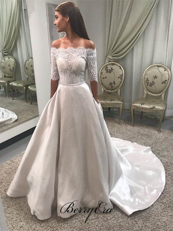 Off Shoulder Half Sleeves Lace Top Satin Skirt Wedding Dresses