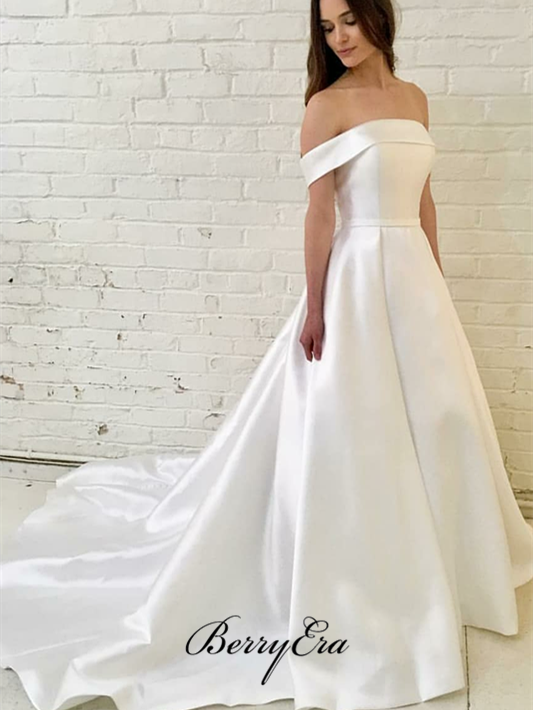 Off Shoulder A-line Ivory Satin Wedding Dresses, Bridal Gown