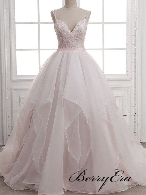 Spaghetti A-line Tulle Lace Wedding Dresses, Elegant Wedding Dresses, Bridal Gown