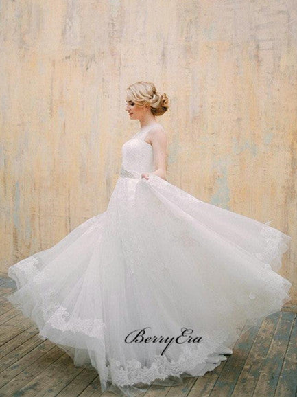 Elegant Sleeveless Lace Tulle Wedding With Beaded Belt