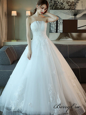 Strapless Long A-line Ivory Lace Tulle Wedding Dresses, Bridal Gown