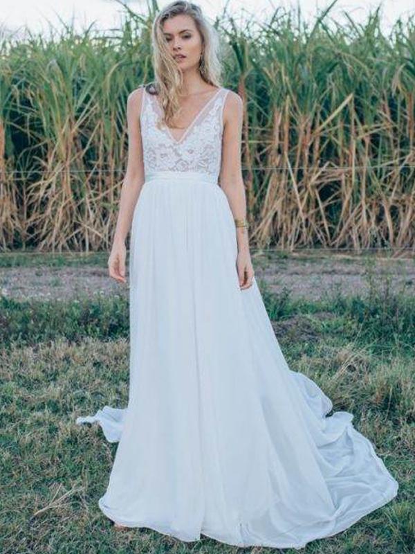 V-neck Lace Wedding Dresses, Long A-line Chiffon Wedding Dresses, Bridal Gown