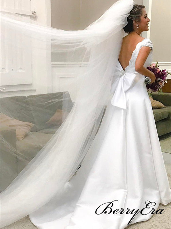 Cap Sleeves Long A-line Off White Satin Lace Wedding Dresses