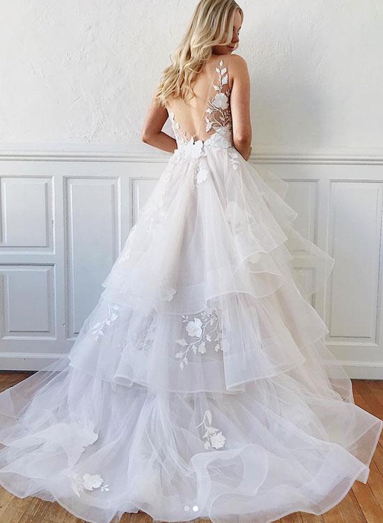 V-neck Lace Tulle Fluffy Long Wedding Dresses, Lovely Wedding Dresses