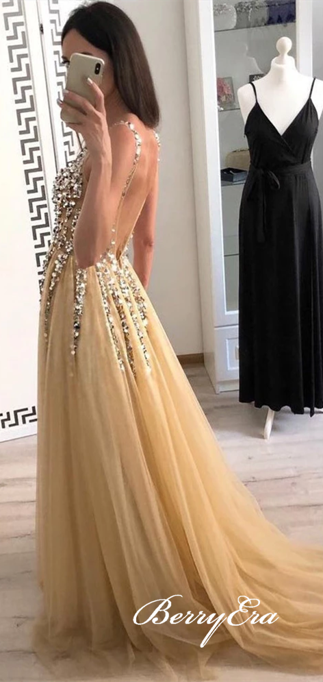 V-neck Sequin Beaded Top A-line Tulle Prom Dresses, Yellow Prom Dresses, Affordable Prom Dresses