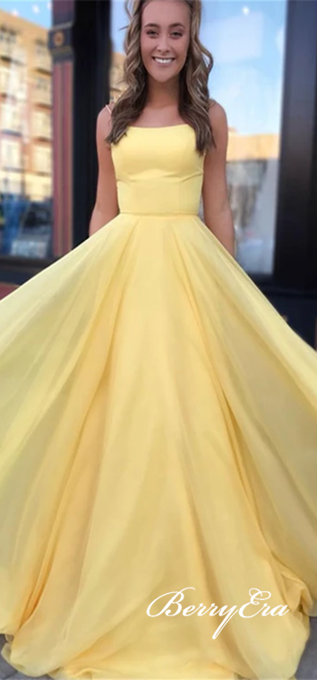 Yellow Chiffon Long A-line Prom Dresses, Long Prom Dresses, Simple Cheap Prom Dresses