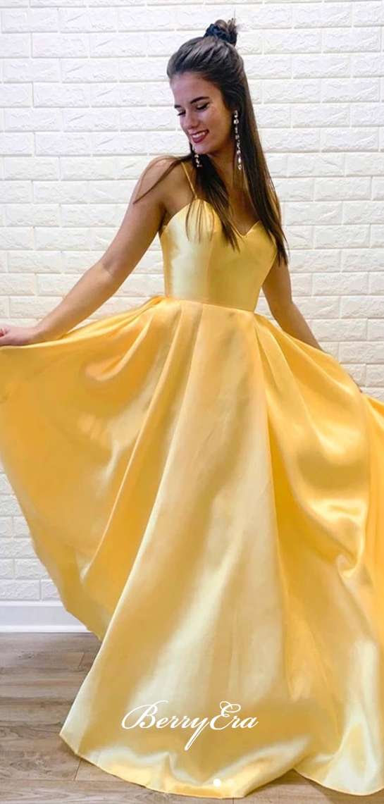 Spaghetti Long A-line Yellow Satin Prom Dresses, Simple Long Prom Dresses, A-line Prom Dresses