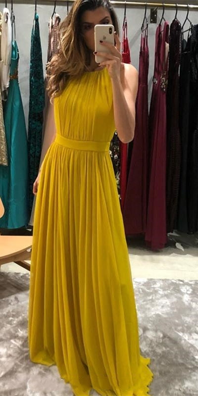 Sleeveless Long A-line Yellow Chiffon Bridesmaid Dresses, Simple Bridesmaid Dresses