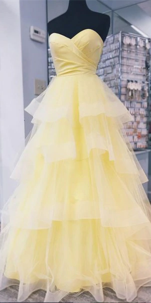 Sweetheart Long A-line Yellow Tulle Prom Dresses, Layers Prom Dresses, 2020 Prom Dresses